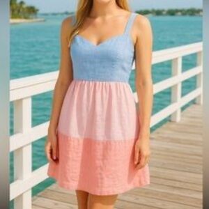 C&C California 100% linen tiered blue & pink mini dress size 10